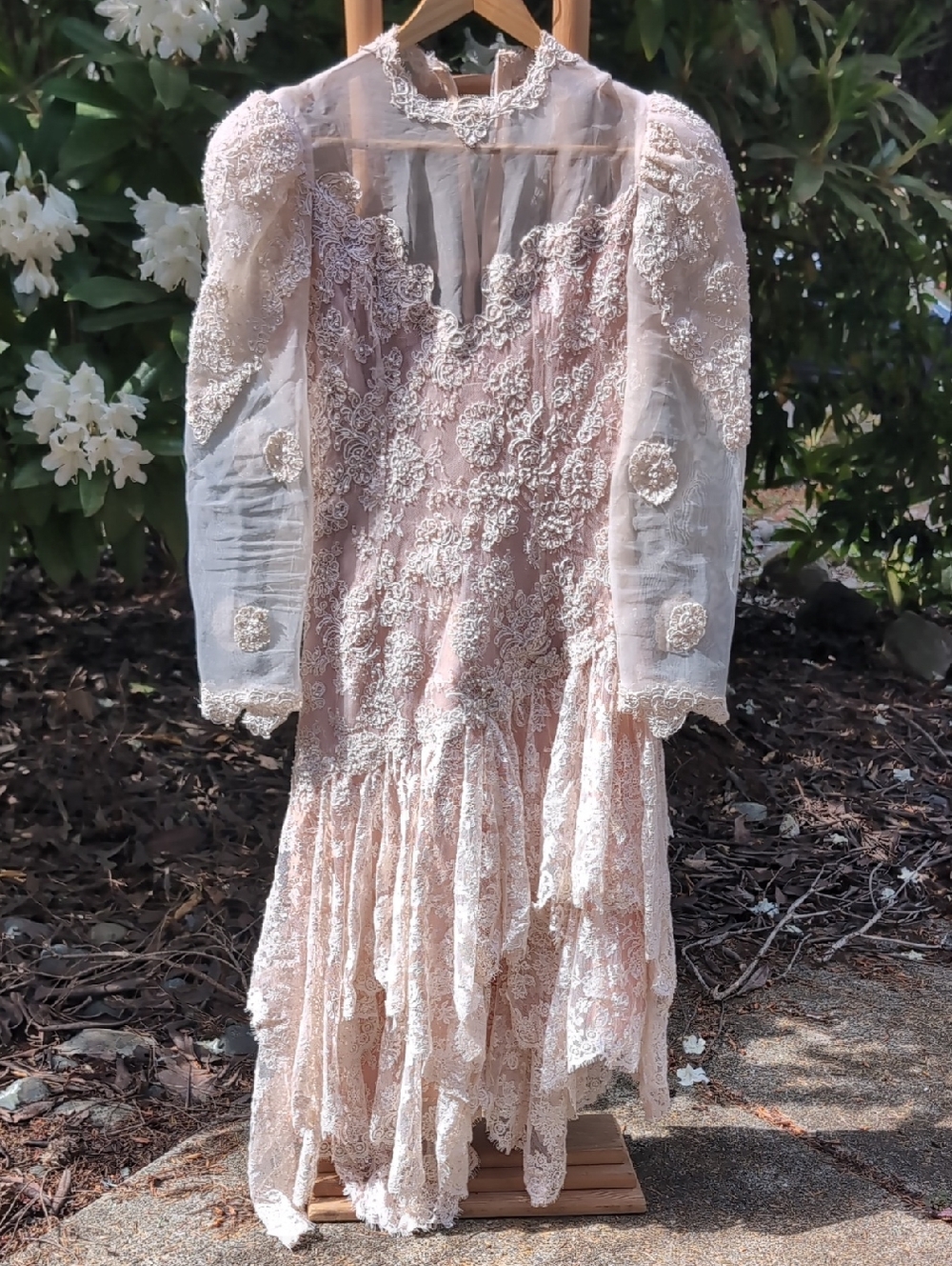 Vintage Asymmetrical Breaded Pale Pink Embroidered Lace Dress Gown